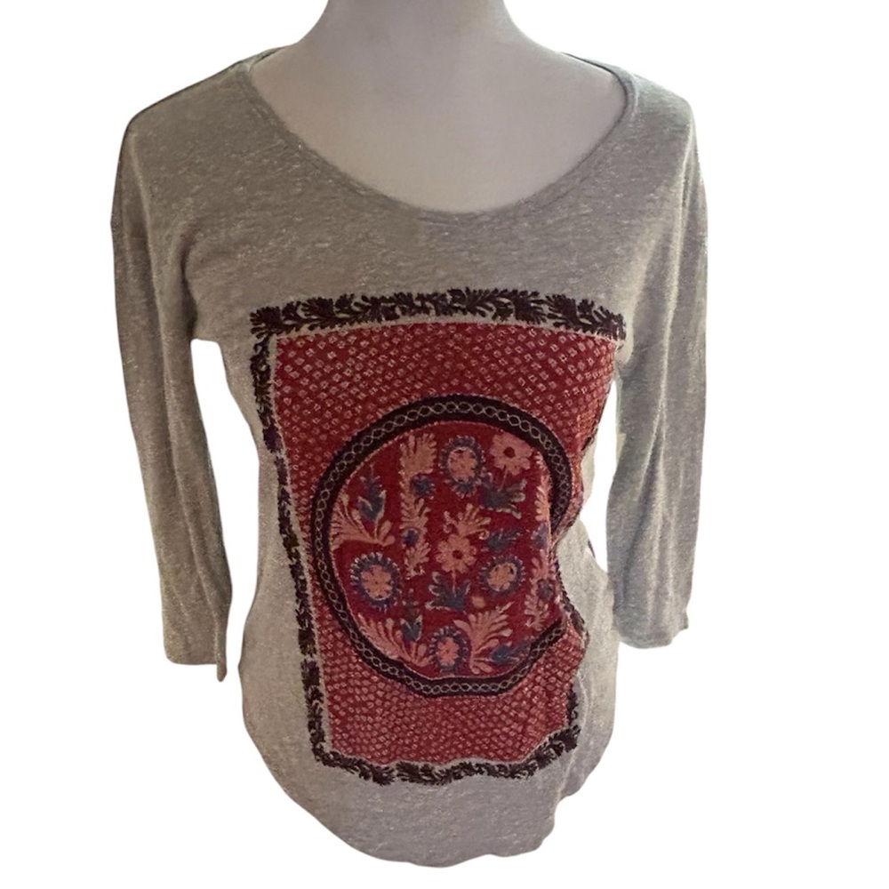 Lucky Brand long-sleeve  tapestry-inspired graphic print tee gray